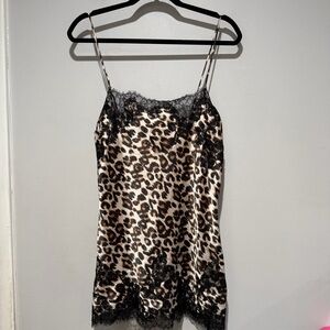 Victorias Secret Lace Trim Mini Slip Dress Leopard Black Size Small